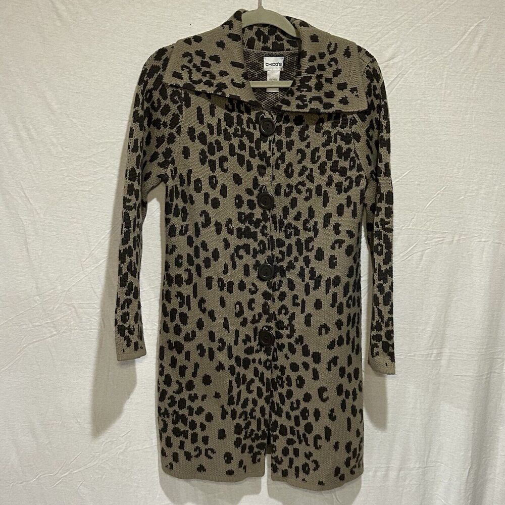 Chicos Leopard Cardigan Sweater Womens 0 SMALL Wool‎ Brown Long Sleeve Long